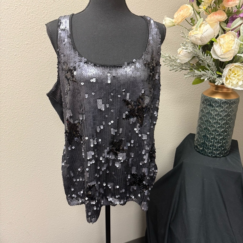 Maurices Black Silver Sequin Tank Top 1X Party Sparkle Sleeveless Blouse